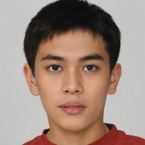 Neutral asian young-adult male with short  brown hair and brown eyes