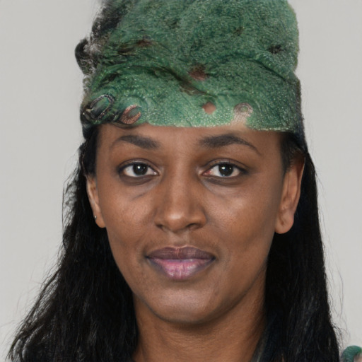Neutral black young-adult female with long  black hair and brown eyes