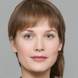 Neutral white young-adult female with medium  brown hair and grey eyes