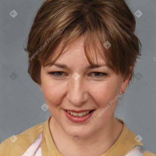 Joyful white adult female with medium  brown hair and brown eyes