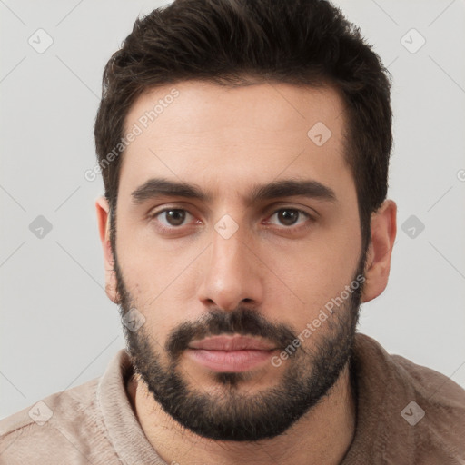 Neutral white young-adult male with short  brown hair and brown eyes