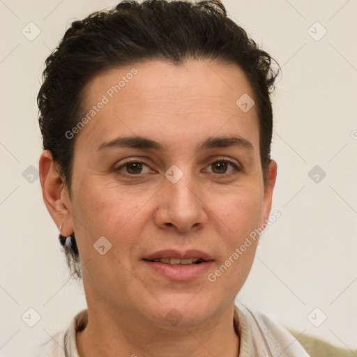 Joyful white adult female with short  brown hair and brown eyes