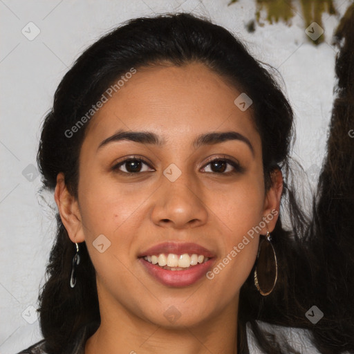 Joyful latino young-adult female with long  brown hair and brown eyes