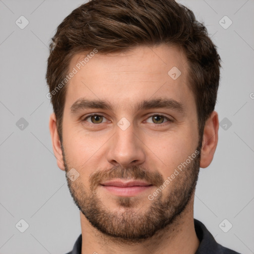 Neutral white young-adult male with short  brown hair and brown eyes