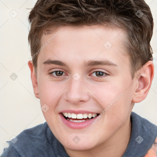 Joyful white child male with short  brown hair and brown eyes