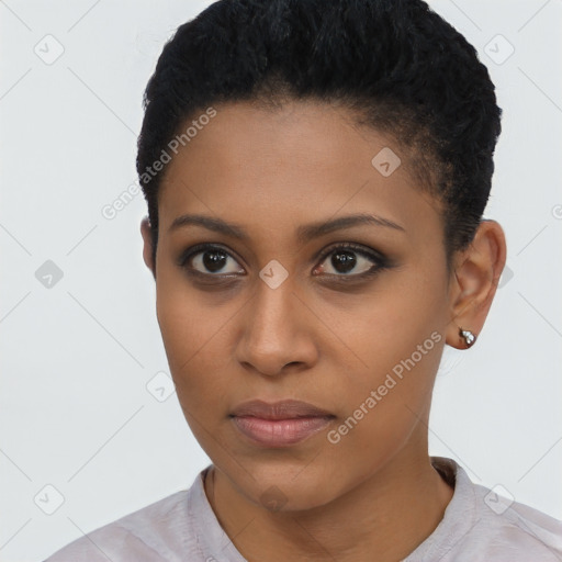 Neutral black young-adult female with short  brown hair and brown eyes