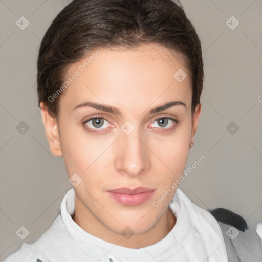 Neutral white young-adult female with short  brown hair and brown eyes