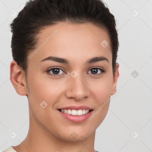 Joyful white young-adult female with short  brown hair and brown eyes