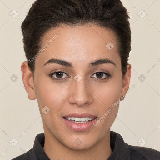 Joyful white young-adult female with short  brown hair and brown eyes