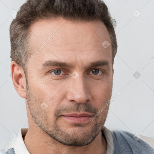 Neutral white adult male with short  brown hair and brown eyes