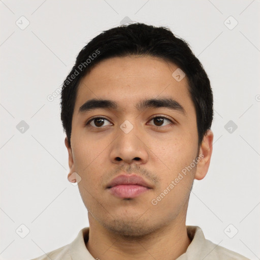 Neutral asian young-adult male with short  black hair and brown eyes