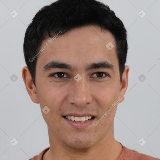 Joyful latino young-adult male with short  black hair and brown eyes