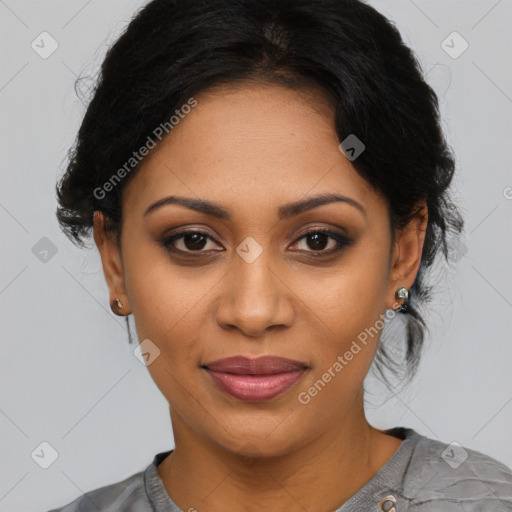 Joyful latino young-adult female with medium  black hair and brown eyes