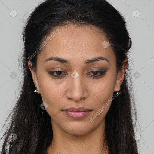 Joyful latino young-adult female with long  brown hair and brown eyes