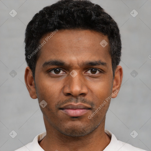 Neutral latino young-adult male with short  black hair and brown eyes