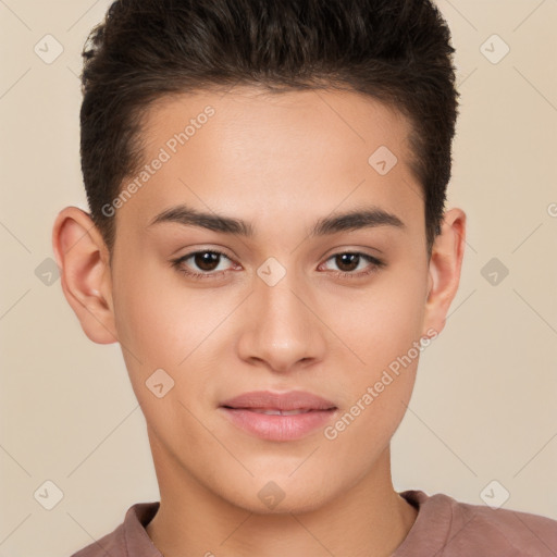 Joyful white young-adult female with short  brown hair and brown eyes