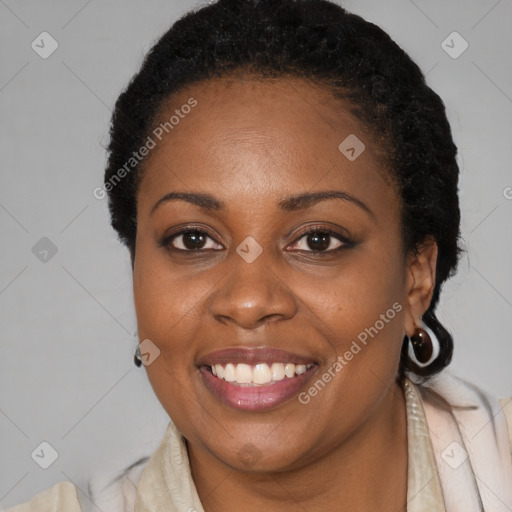 Joyful black young-adult female with medium  black hair and brown eyes