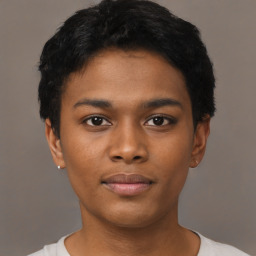 Joyful black young-adult female with short  black hair and brown eyes