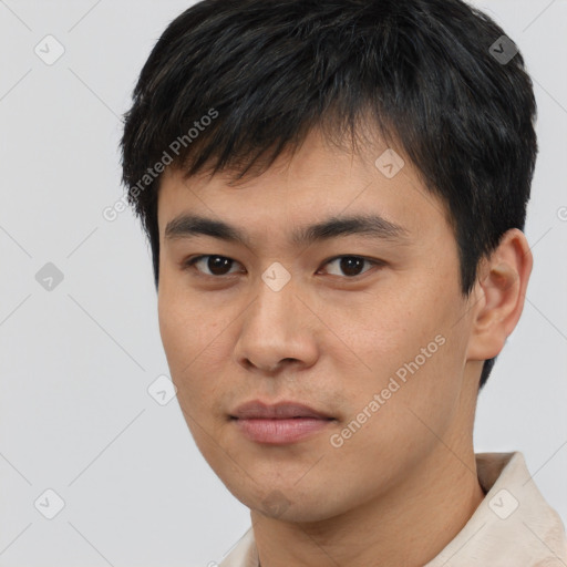 Neutral white young-adult male with short  black hair and brown eyes