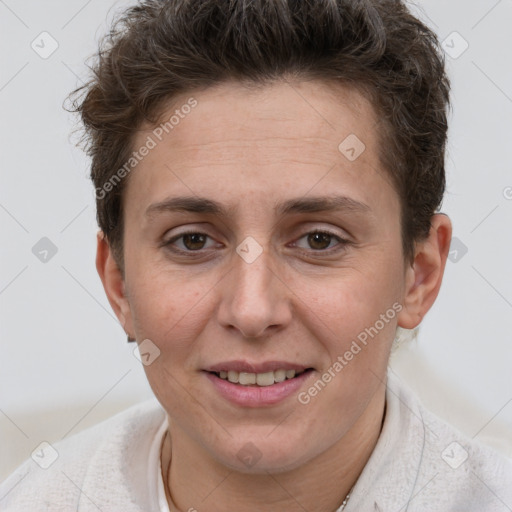 Joyful white adult female with short  brown hair and brown eyes