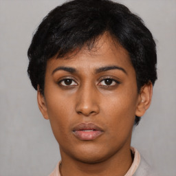 Neutral asian young-adult female with short  black hair and brown eyes