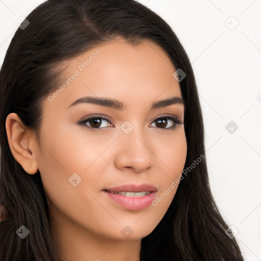 Joyful latino young-adult female with long  brown hair and brown eyes