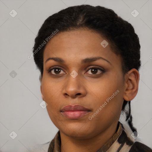 Neutral black young-adult female with short  black hair and brown eyes