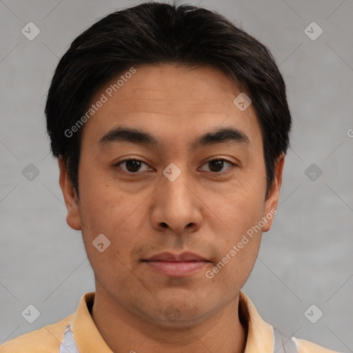 Neutral asian young-adult male with short  brown hair and brown eyes