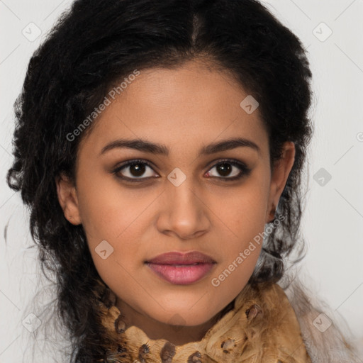 Joyful latino young-adult female with long  brown hair and brown eyes