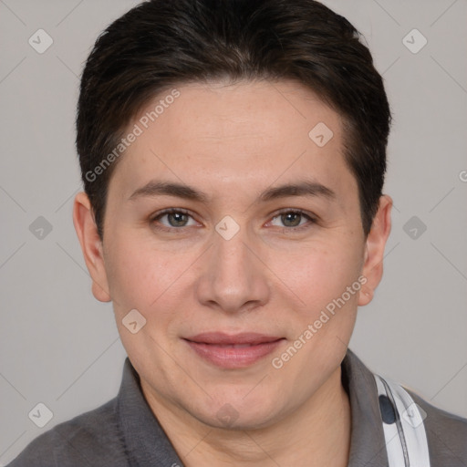 Joyful white adult female with short  brown hair and brown eyes