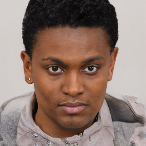 Neutral black young-adult male with short  black hair and brown eyes