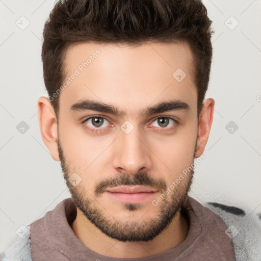 Neutral white young-adult male with short  brown hair and brown eyes