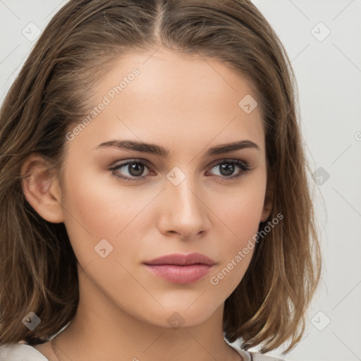 Neutral white young-adult female with medium  brown hair and brown eyes