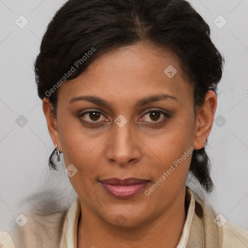 Joyful latino young-adult female with short  brown hair and brown eyes