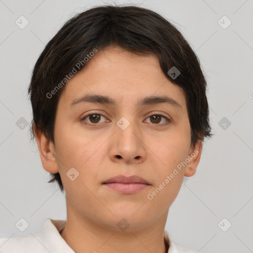 Neutral white young-adult female with short  brown hair and brown eyes