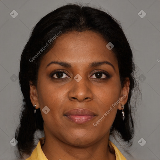 Joyful black young-adult female with medium  brown hair and brown eyes