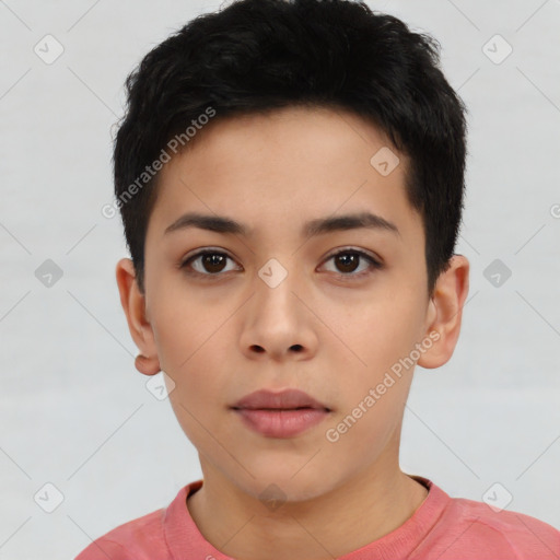 Neutral asian young-adult female with short  black hair and brown eyes