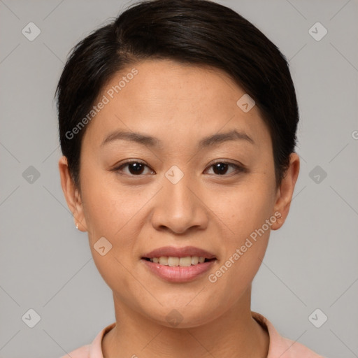 Joyful white young-adult female with short  brown hair and brown eyes