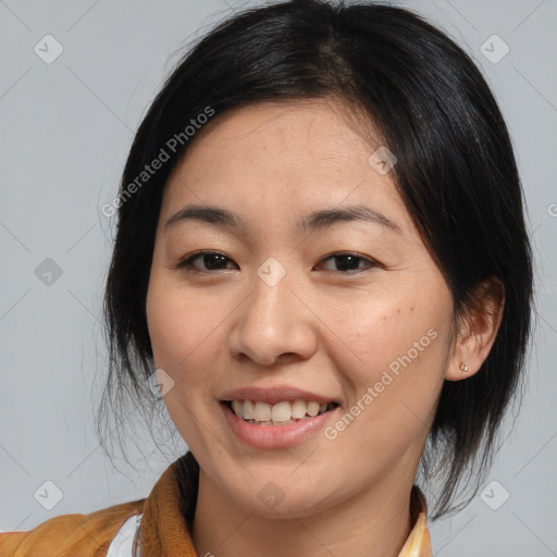 Joyful white young-adult female with medium  brown hair and brown eyes