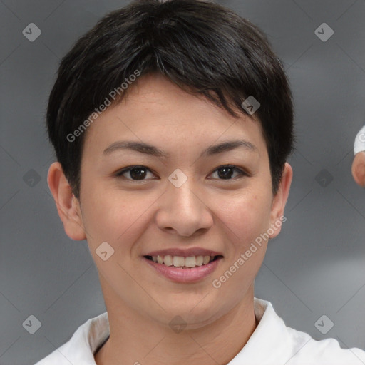 Joyful asian young-adult female with short  brown hair and brown eyes