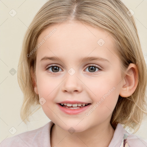 Joyful white child female with medium  brown hair and blue eyes