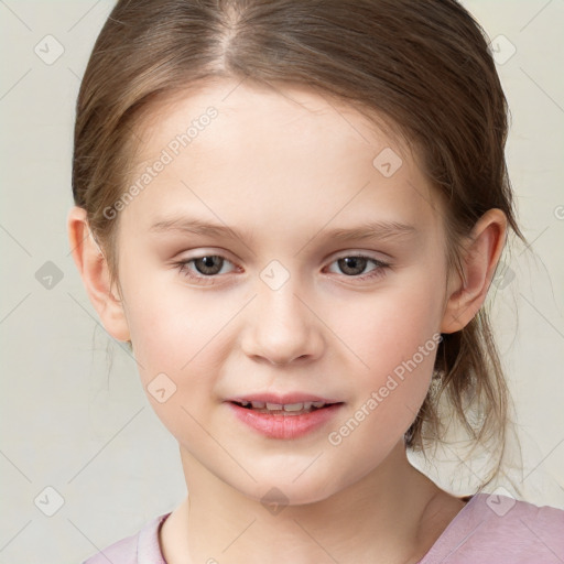 Joyful white child female with medium  brown hair and brown eyes