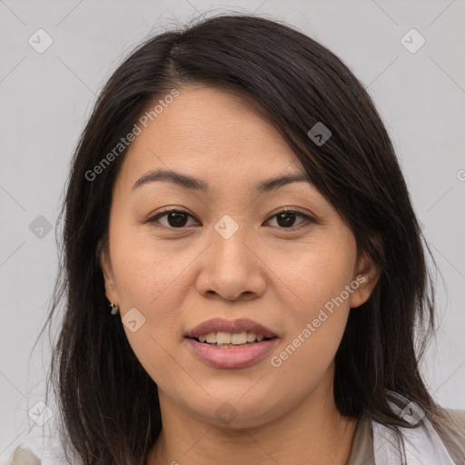 Joyful white young-adult female with medium  brown hair and brown eyes