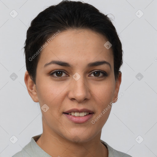 Joyful white young-adult female with short  brown hair and brown eyes