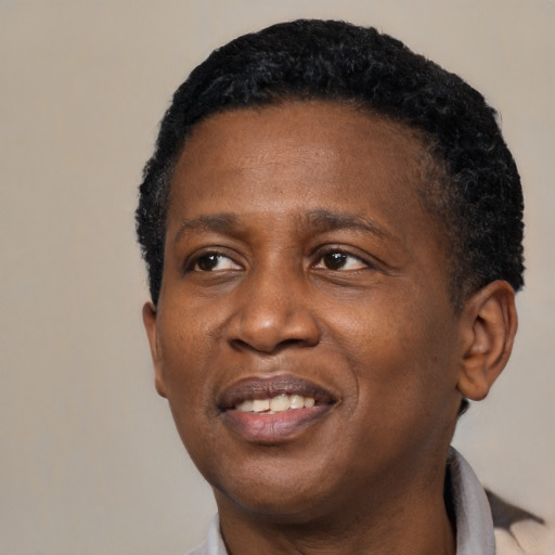 Joyful black adult male with short  black hair and brown eyes