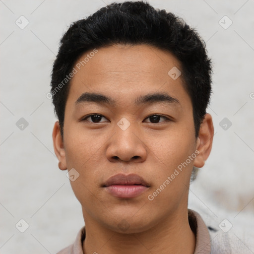 Neutral asian young-adult male with short  black hair and brown eyes