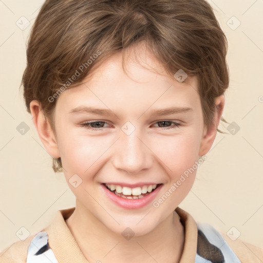 Joyful white child female with medium  brown hair and grey eyes