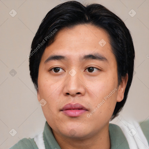 Neutral asian young-adult male with short  black hair and brown eyes