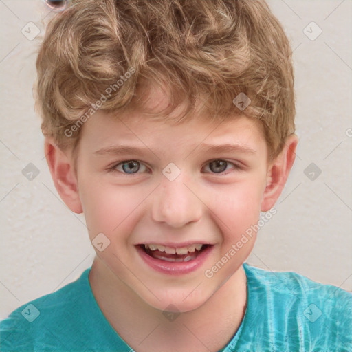 Joyful white child male with short  brown hair and grey eyes