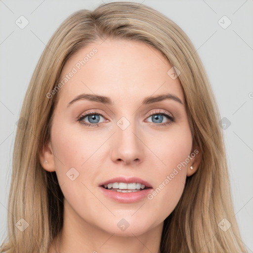 Joyful white young-adult female with long  brown hair and blue eyes